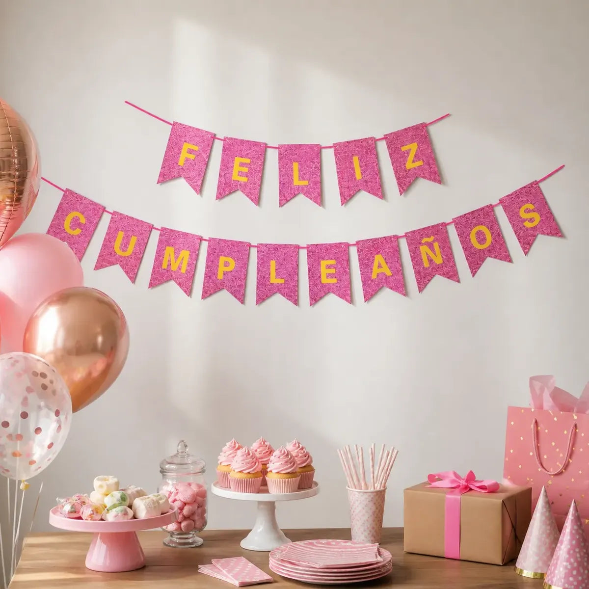 Kit Decoración Cumpleaños Champaña y Fucsia | Cortina, Globos y Guirnalda | Cotillón Activarte