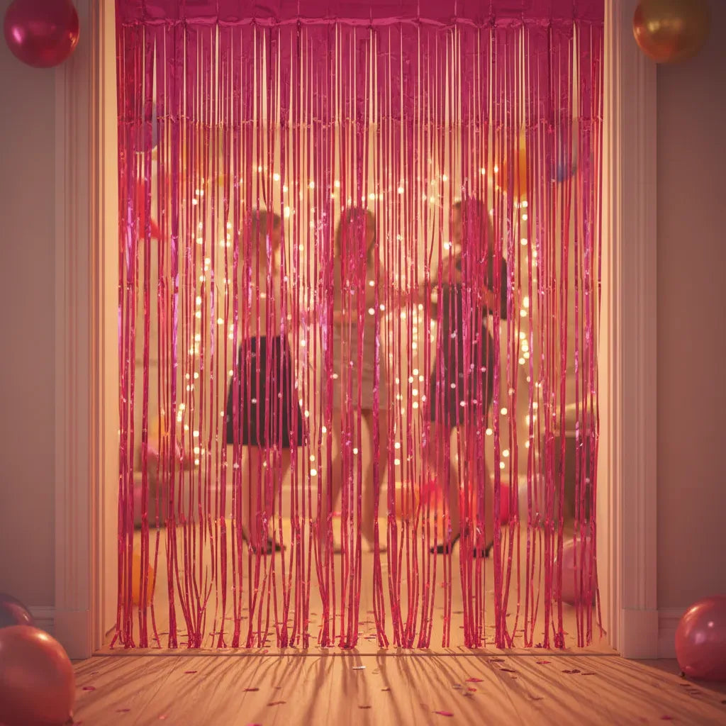 Kit Decoración Cumpleaños Champaña y Fucsia | Cortina, Globos y Guirnalda | Cotillón Activarte