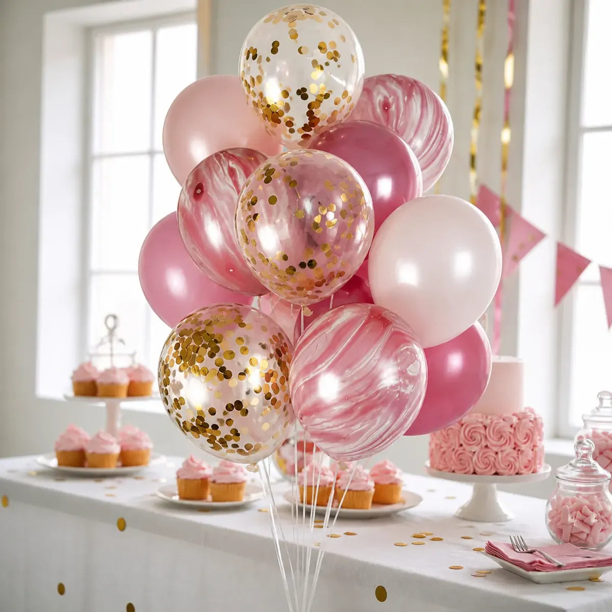 Kit Decoración Cumpleaños Champaña y Fucsia | Cortina, Globos y Guirnalda | Cotillón Activarte