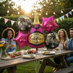 Kit Decoración Cumpleaños Champaña y Fucsia | Cortina, Globos y Guirnalda | Cotillón Activarte