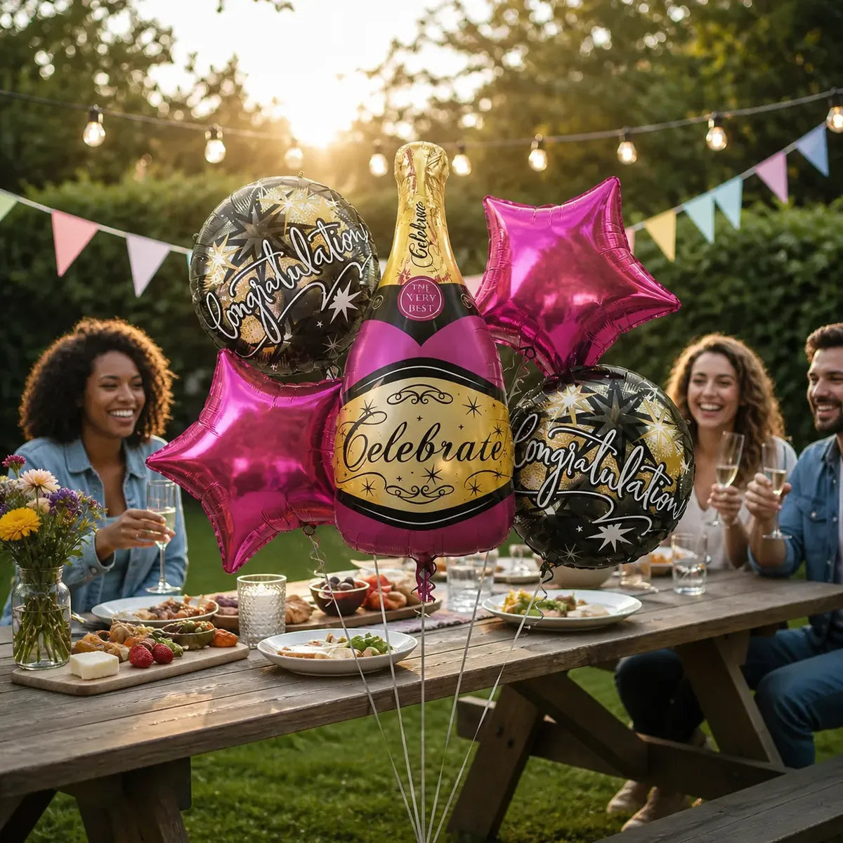 Kit Decoración Cumpleaños Champaña y Fucsia | Cortina, Globos y Guirnalda | Cotillón Activarte