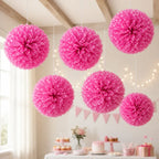 Kit Decoración Cumpleaños Fucsia Lunares Blancos | Pompones y Banderines | Cotillón Activarte