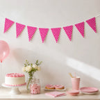 Kit Decoración Cumpleaños Fucsia Lunares Blancos | Pompones y Banderines | Cotillón Activarte
