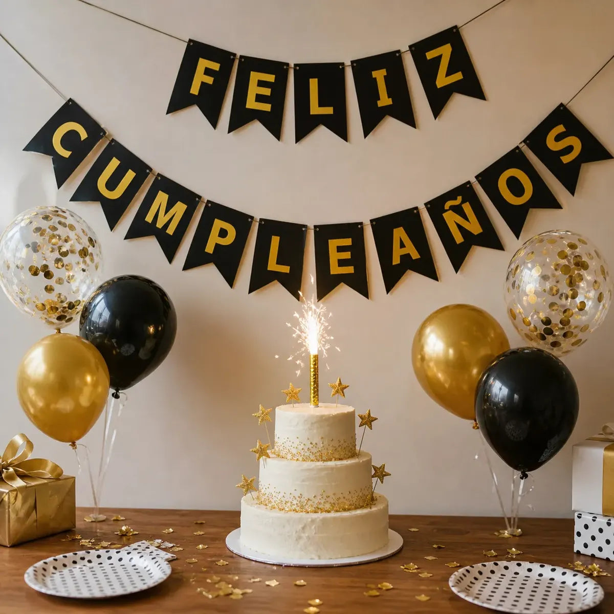 Kit Decoración Cumpleaños Negro Dorado | Cotillón Activarte
