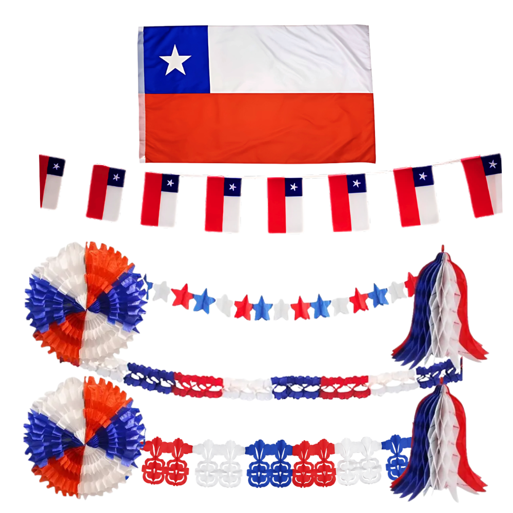 Kit Decoración Fiestas Patrias Chile con Bandera y Guirnaldas