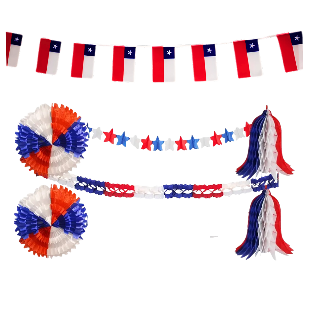 Kit Decoración Fiestas Patrias Chile con Bandera y Guirnaldas