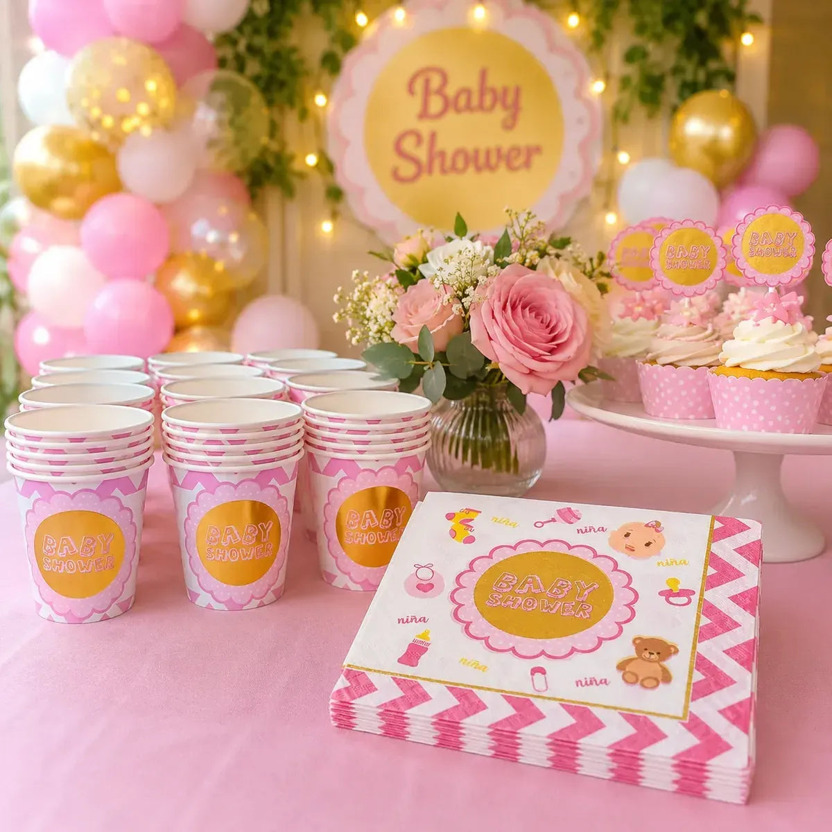 Kit Baby Shower Niña 12 Personas | Vasos y Servilletas | Cotillón Activarte