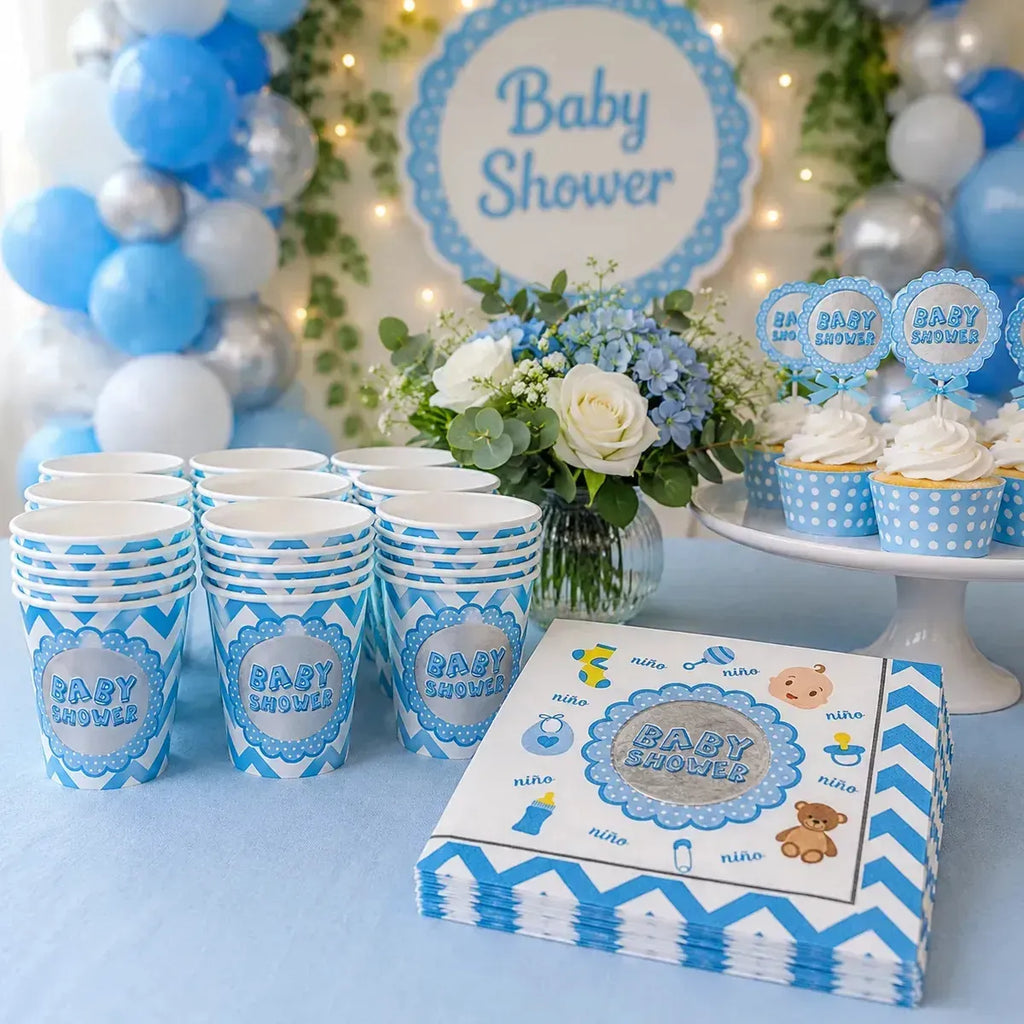 Kit Baby Shower Niño 12 Personas | Vasos y Servilletas | Cotillón Activarte
