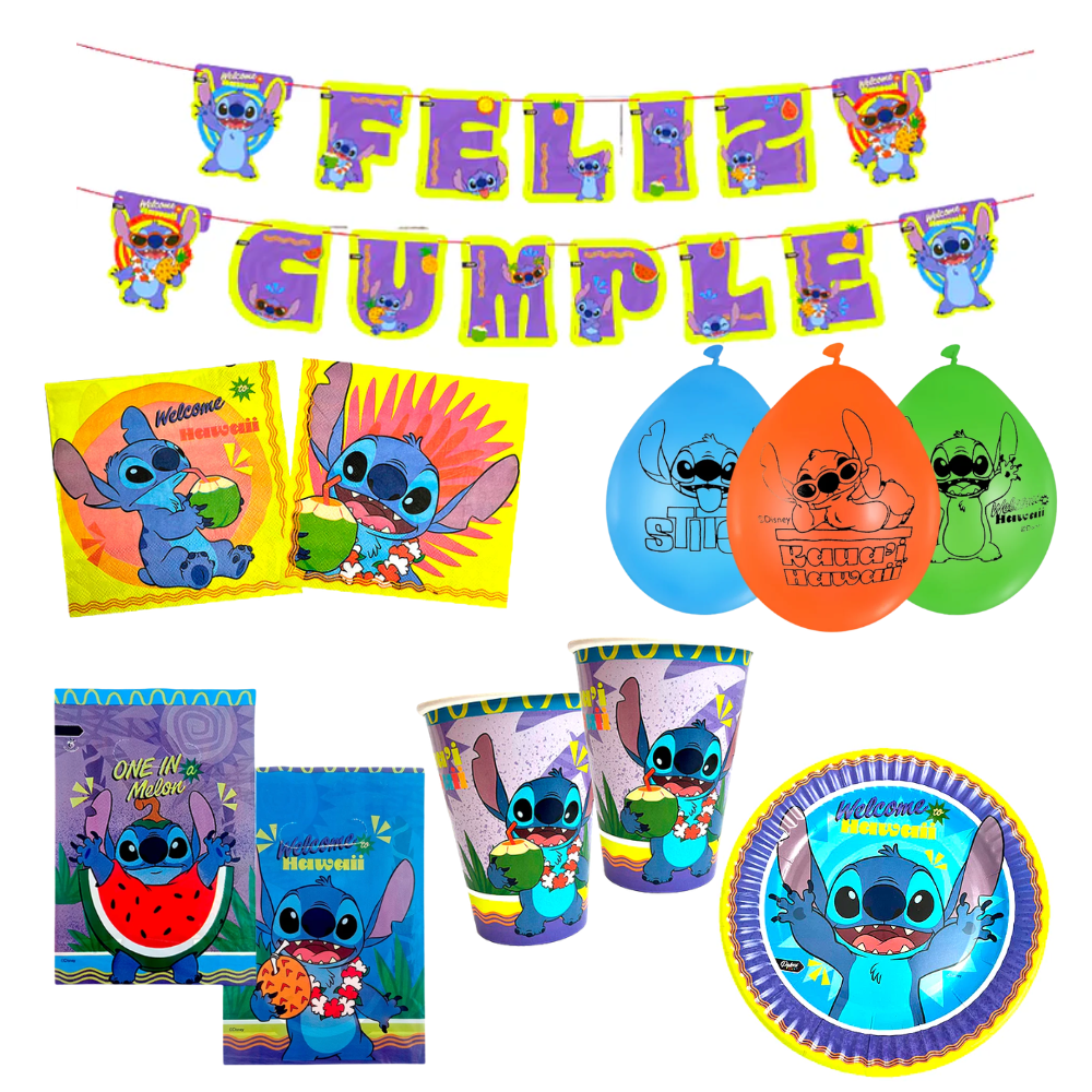 Pack Decoración Cumpleaños Stitch para 12 Personas