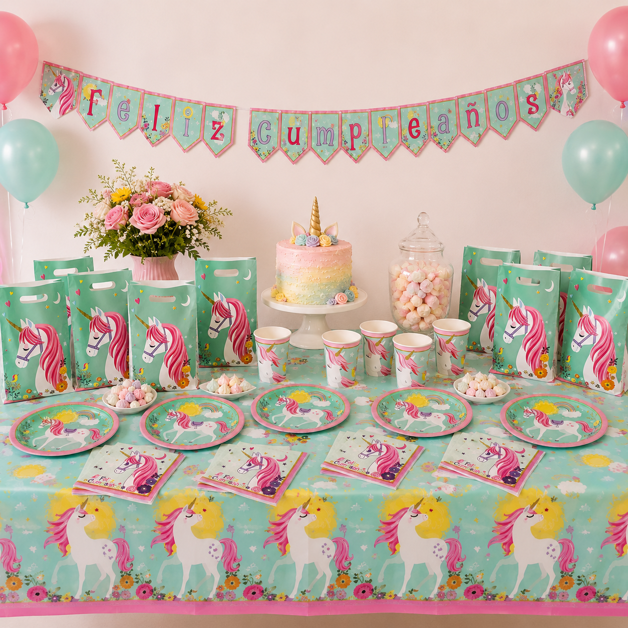 Pack Decoración Cumpleaños Unicornio Encantado para 12 Personas