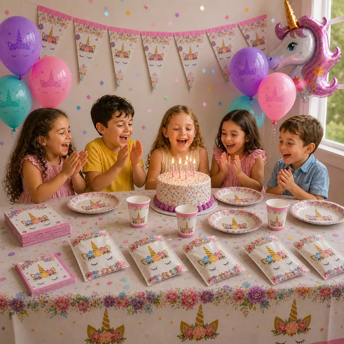 Pack Decoración Cumpleaños Unicornio Kawaii para 12 Personas