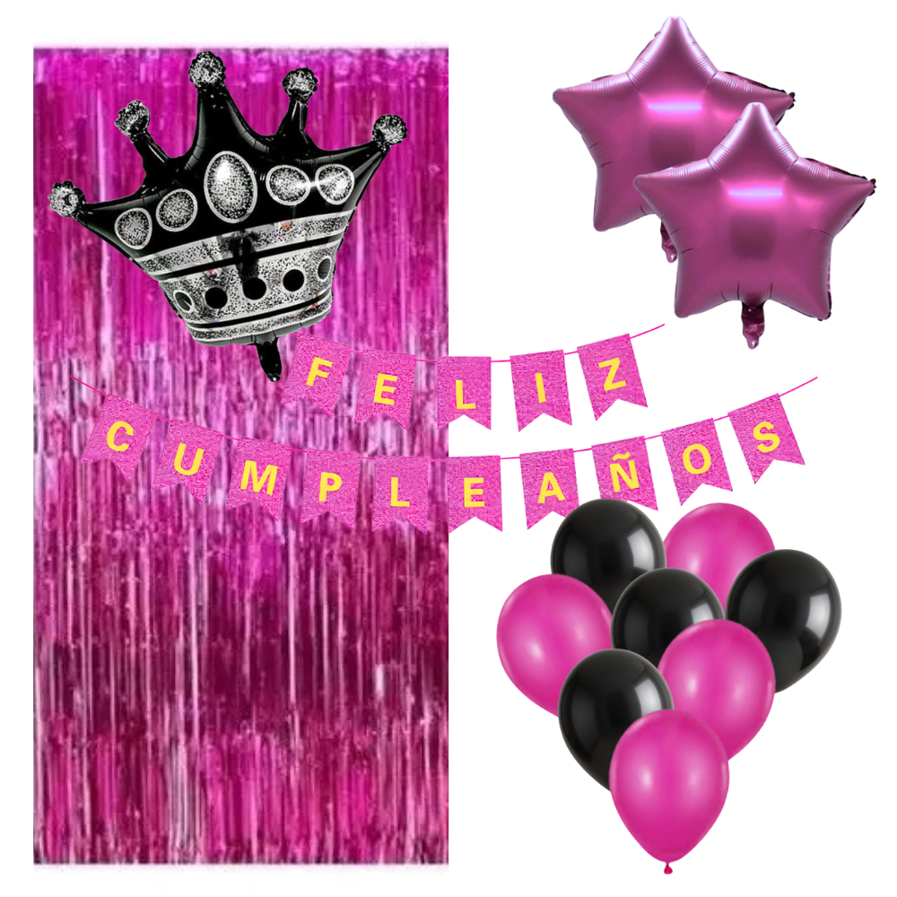Kit Decoración Cumpleaños Fucsia Negro | Cotillón Activarte