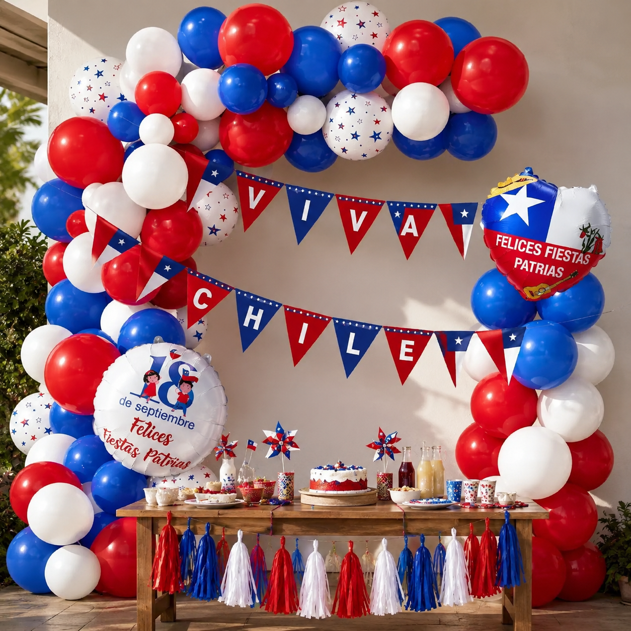 Set Decoración Fiestas Patrias Chile Viva Chile con Globos