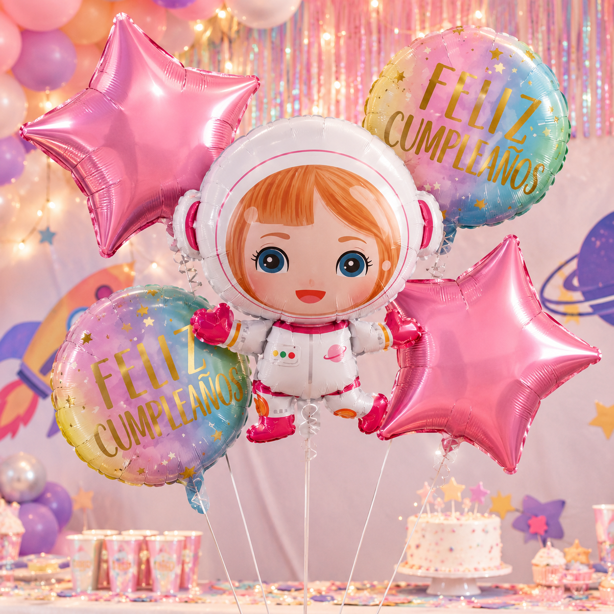 Set 5 Globos Metálicos Astronauta Girl Feliz Cumpleaños | Cotillón Activarte